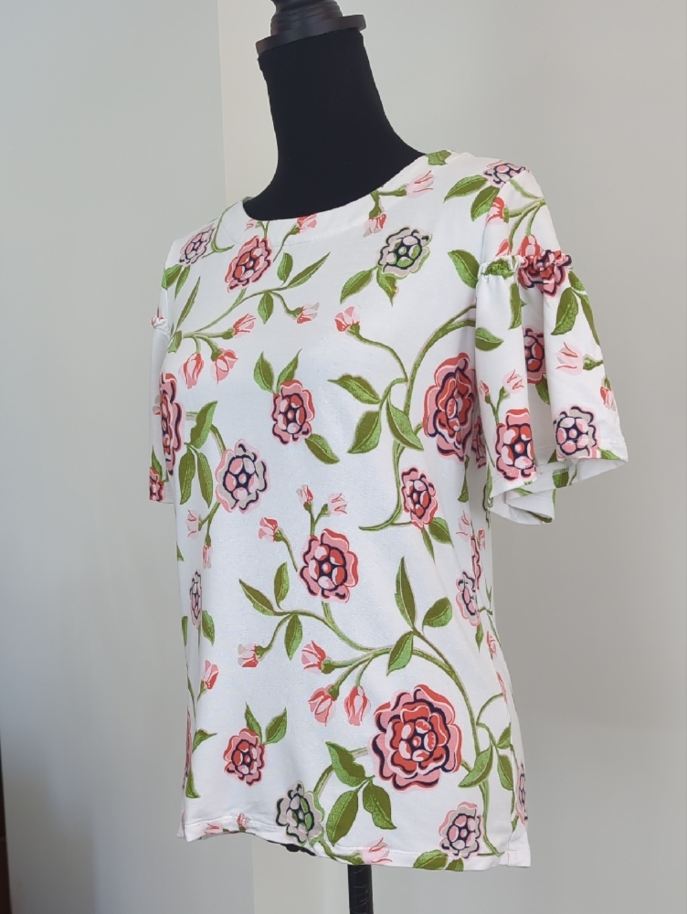 Ann Taylor Factory Pink Rose Floral Knit Top Blouse Frill Sleeve MEDIUM